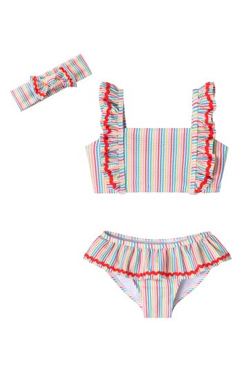 Andy & Evan Kids' Seersucker Two-piece Swimsuit & Headband Set In Rainbow