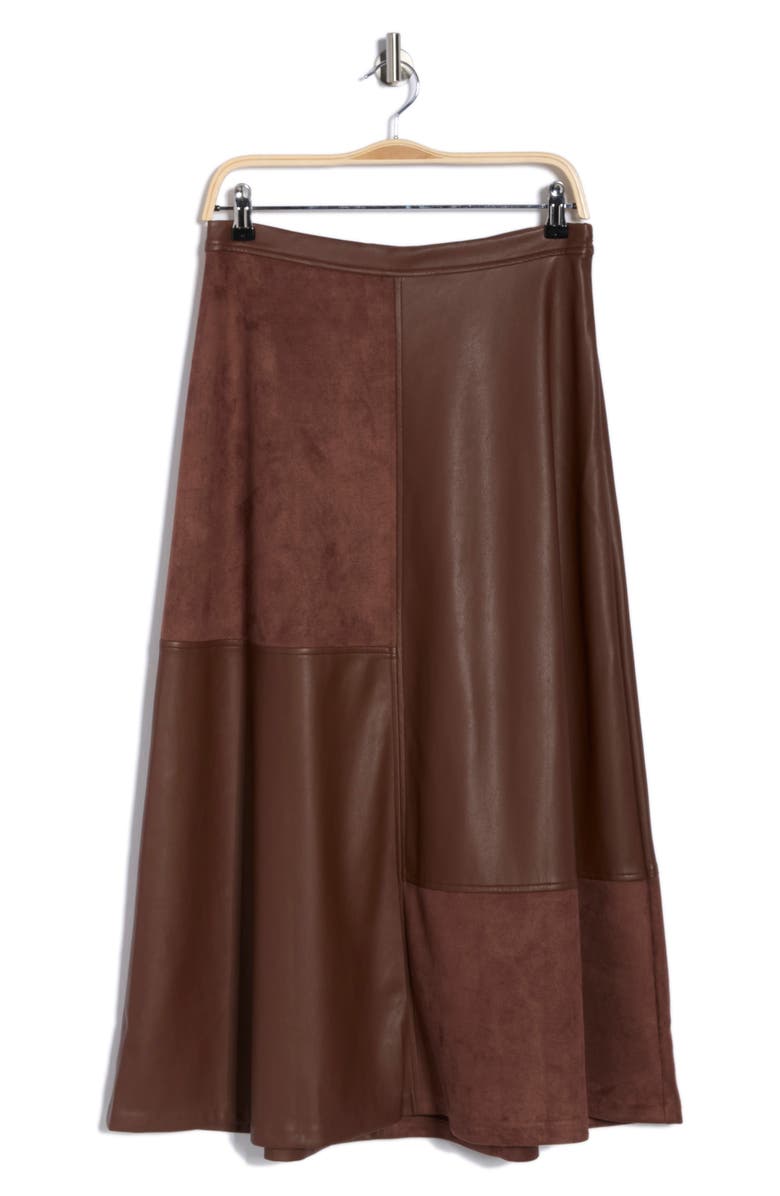 Halogen<sup>®</sup> Faux Leather & Faux Suede Pieced Midi Skirt, Main, color, Chocolate