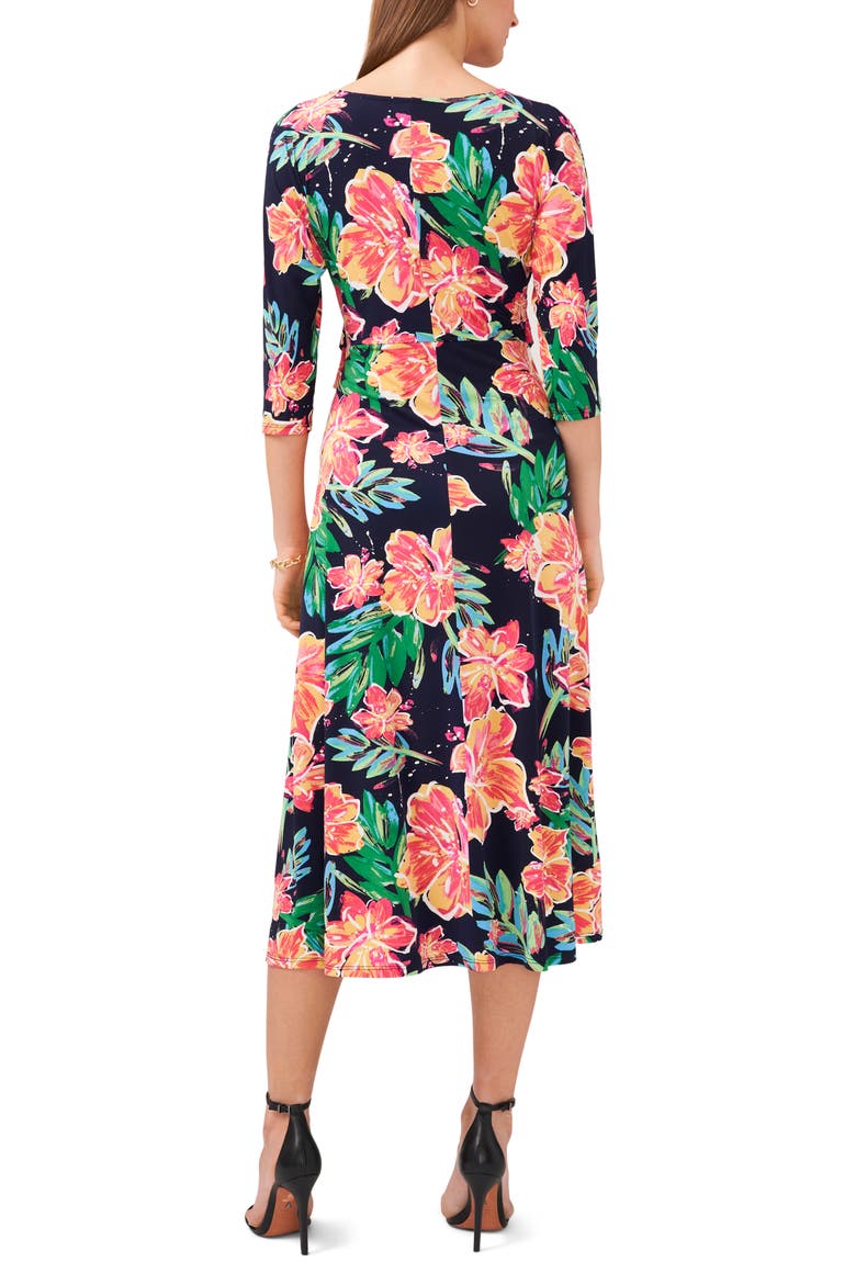Floral Tie Front Three-Quarter Sleeve Midi Dress, Alternate, color, NAVY/LIME/TANGERINE