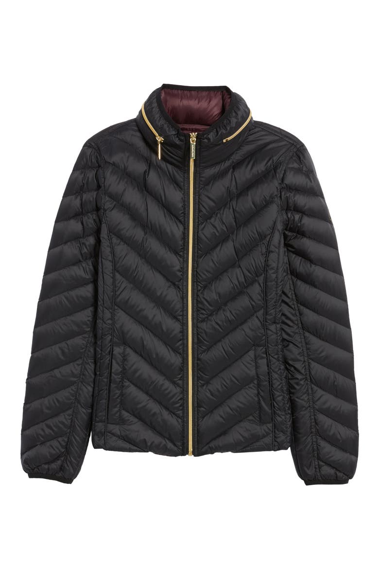 Chevron Quilted Packable Down Puffer Jacket with Stowaway Hood, Alternate, color, BLACK