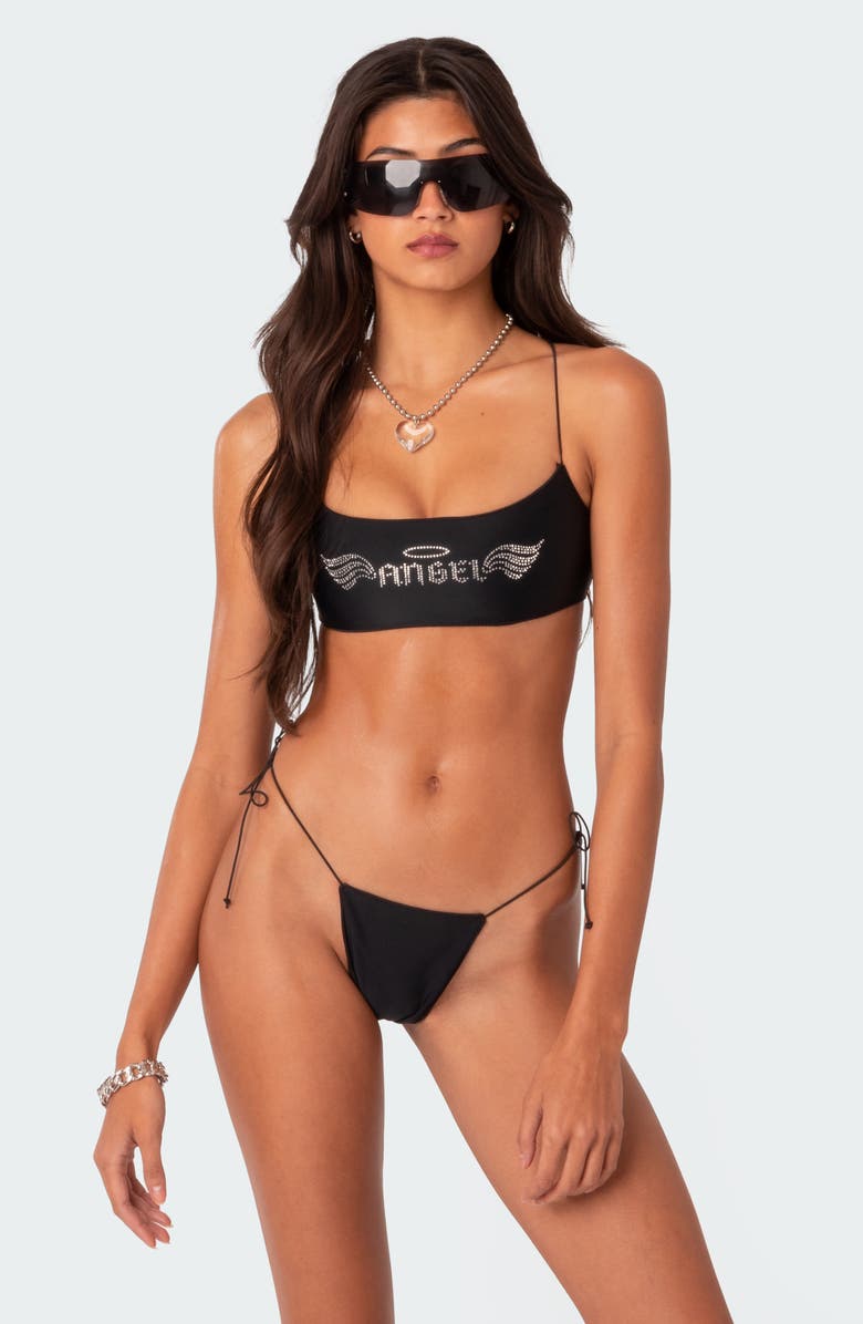 EDIKTED Angel Back Rhinstone Side Tie Bikini Bottoms, Alternate, color, Black