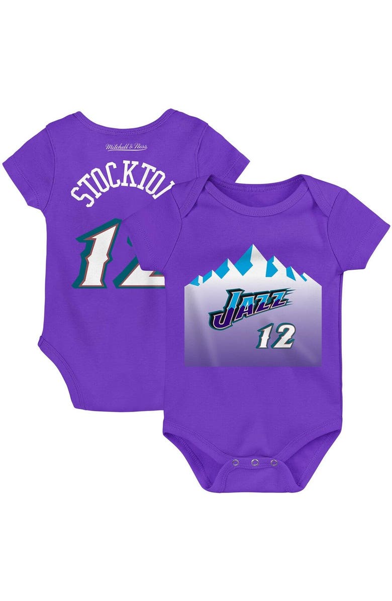 Mitchell & Ness Infant Mitchell & Ness John Stockton Purple Utah Jazz Hardwood Classics Name & Number Bodysuit, Main, color,
