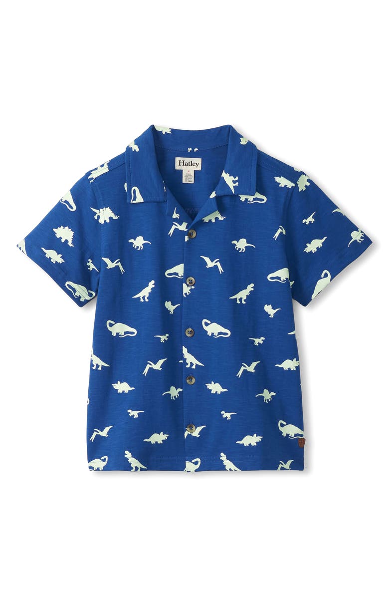 Hatley Kids' Glow In The Dark Dinos Button Front Shirt, Main, color, Blue