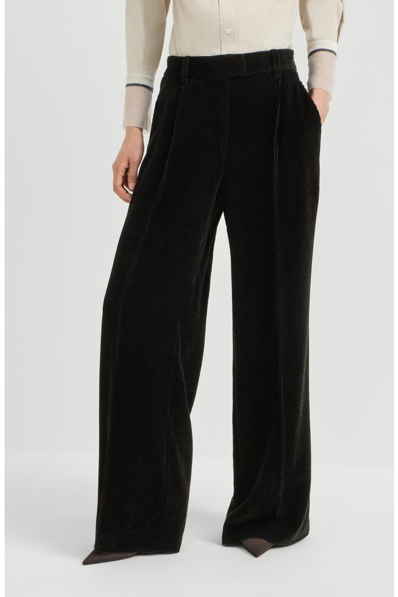Sparkling corduroy loose pleated trousers with monili, Main, color, Black