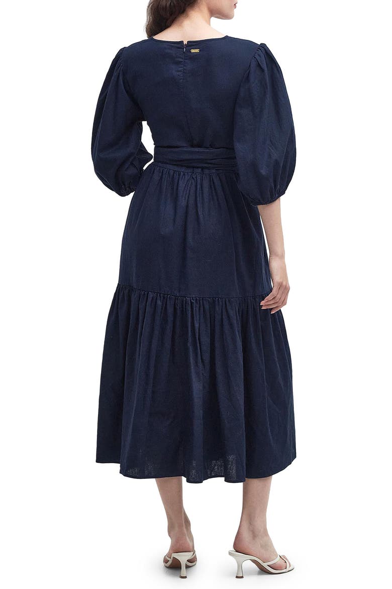 Annie Puff Sleeve Linen & Cotton Midi Dress, Alternate, color, NAVY