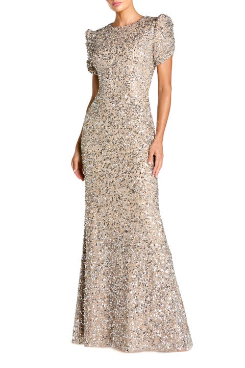 Petite Gathered Short Sleeve Beaded Gown