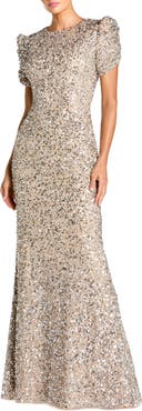 Mac Duggal Petite Embellished Mesh High Neck Puff Sleeve Gown