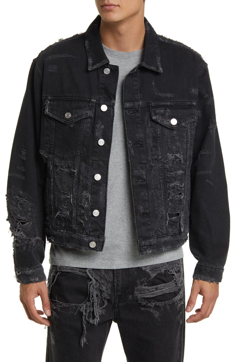 FRAME Shredded Denim Trucker Jacket, Main, color, 
