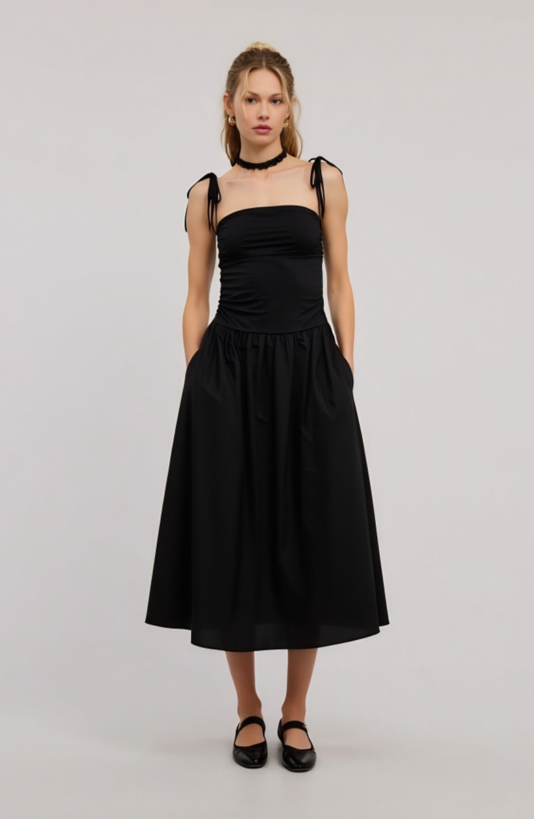 Modenaire Ruched Bodice Tie Strap Gathered Skirt Midi Dress, Alternate, color, Black