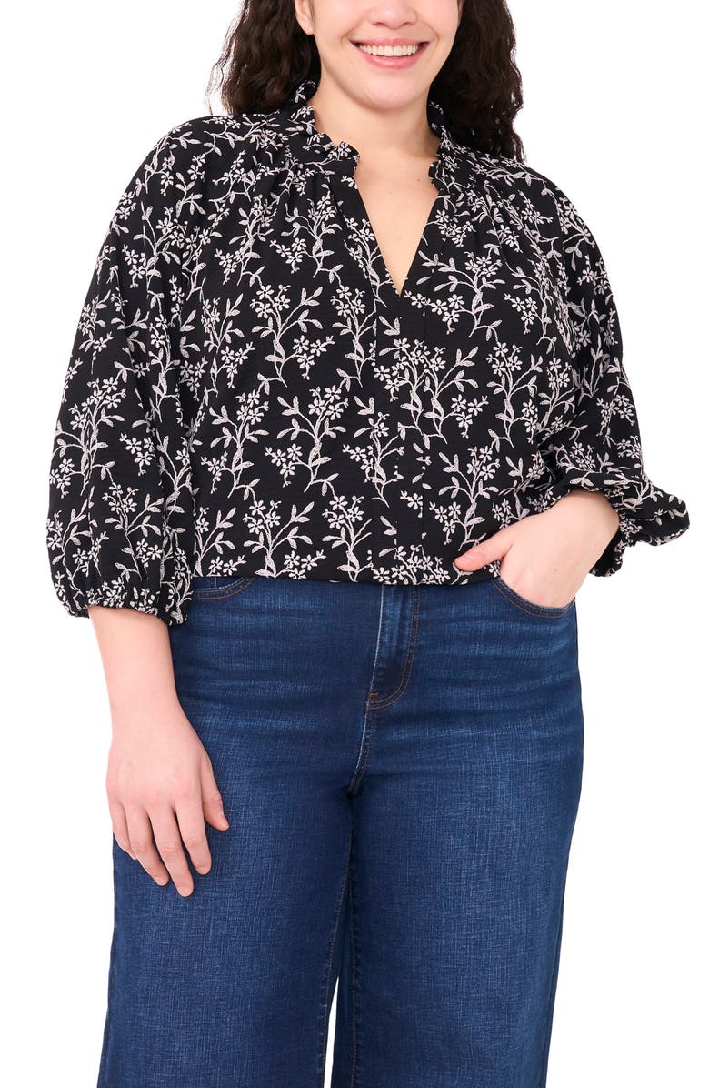 CeCe Floral Embroidered Ruffle Neck Top, Main, color, Rich Black