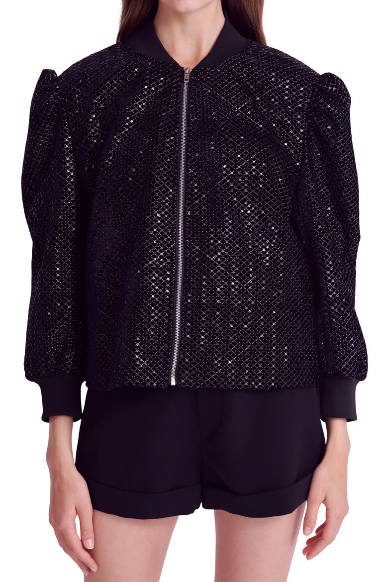 Sequin Velvet Bomber Jacket, Alternate, color, BLACK
