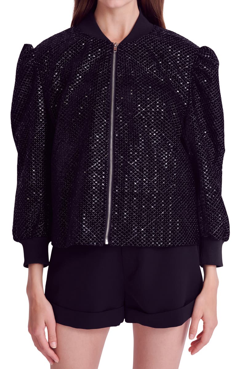 Endless Rose Sequin Velvet Bomber Jacket, Alternate, color, Black