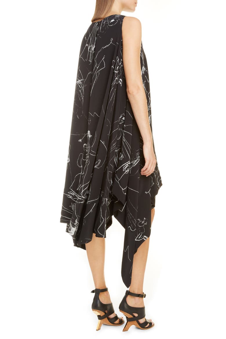 Alexander McQueen Dancing Girls Asymmetrical Silk Crêpe de Chine Midi Dress, Alternate, color, BLACK IVORY