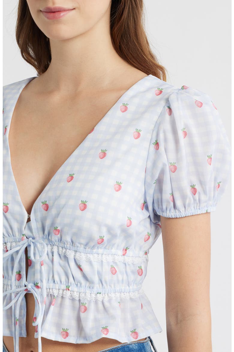Gingham Strawberry Tie Front Crop Top, Alternate, color, BLUE GINGHAM