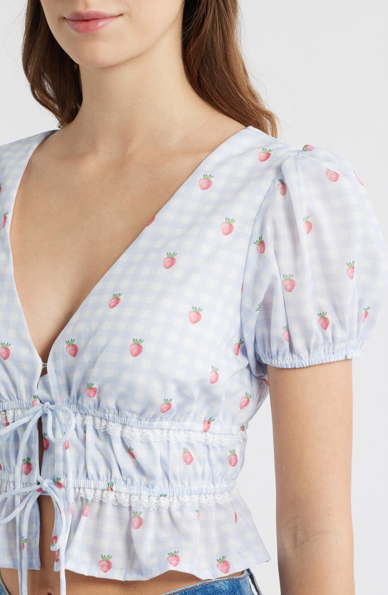 All in Favor Gingham Strawberry Tie Front Crop Top, Alternate, color, Blue Gingham