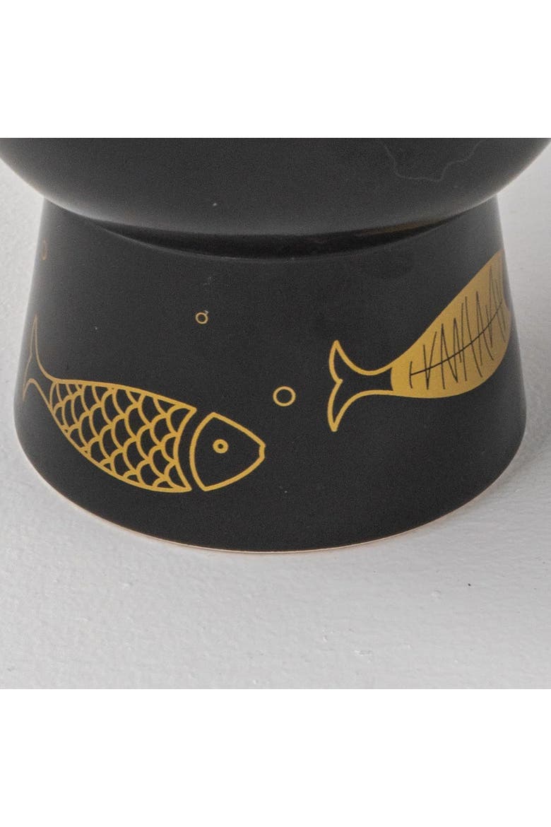 Elevated Ceramic Cat Bowl, Black & Gold Fish, 7oz, Alternate, color, Black