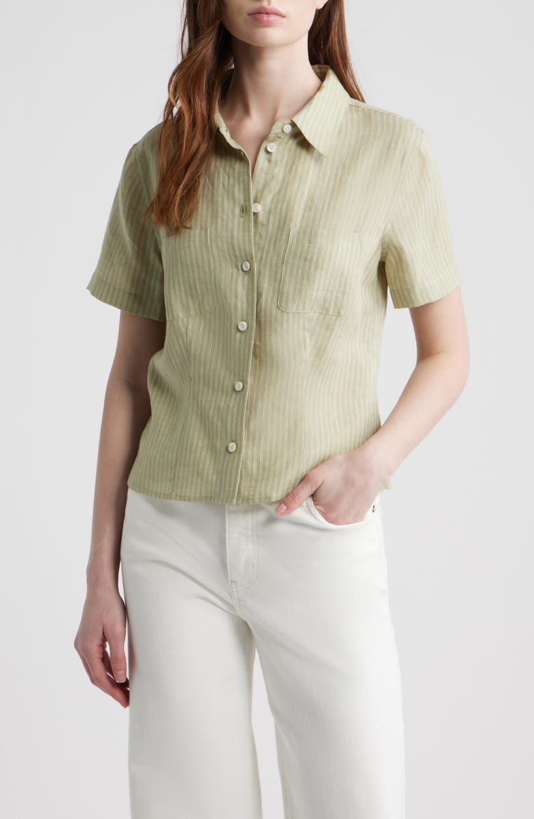 FRAME The Seaside Pinstripe Button-Up Top, Main, color, Sage Multi