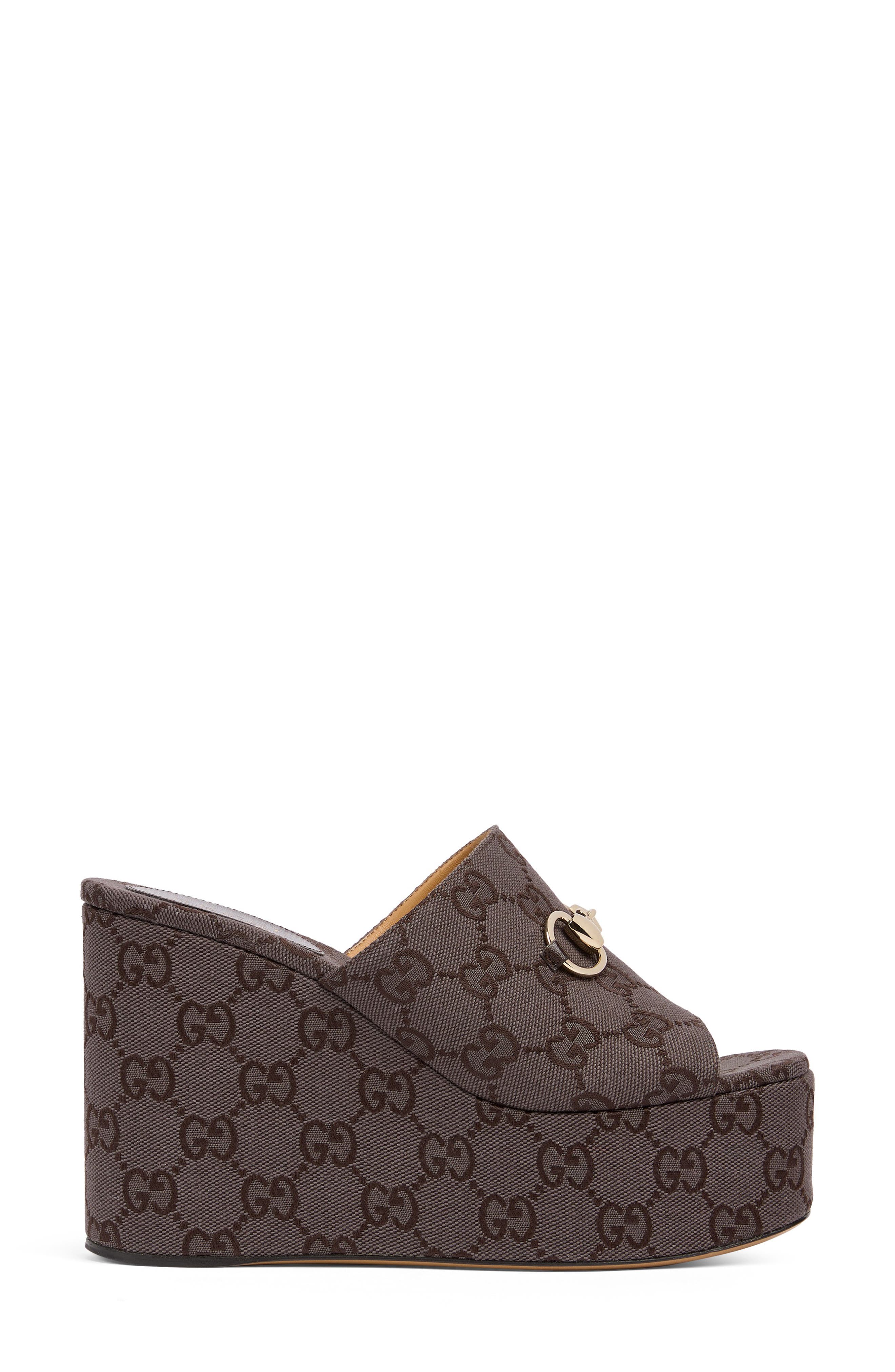 Gucci Carmen Horsebit GG Monogram Platform Wedge Sandal, Alternate, color, Brown