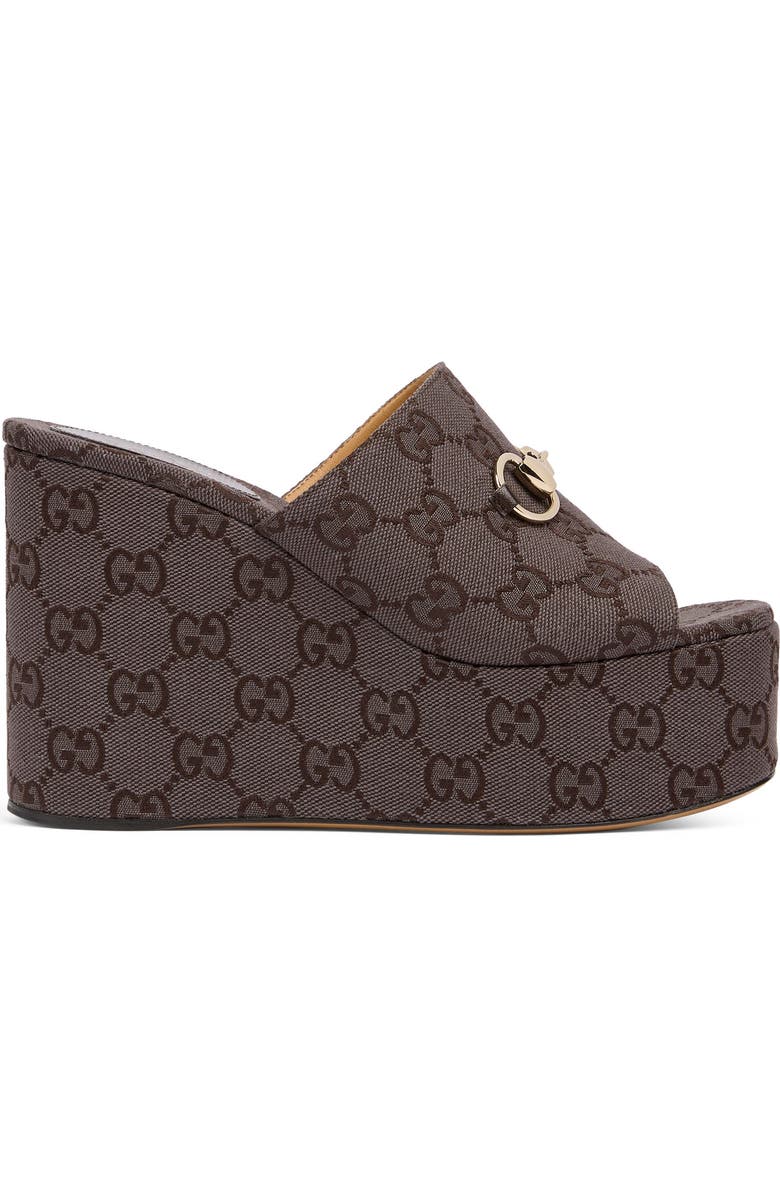 Gucci Carmen Horsebit GG Monogram Platform Wedge Sandal, Alternate, color, Brown