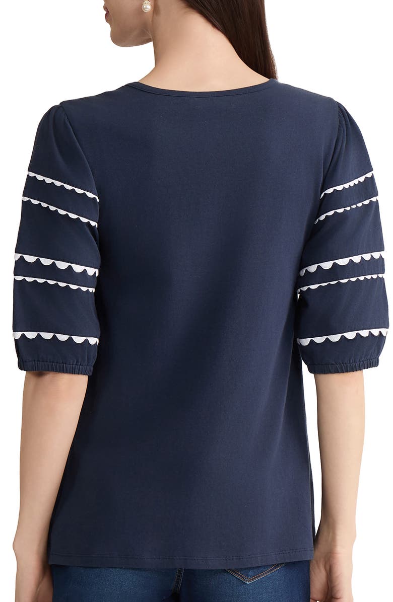 Jones New York Rickrack Puff Sleeve Stretch Cotton Top, Alternate, color, Pacific Navy/ Natural White