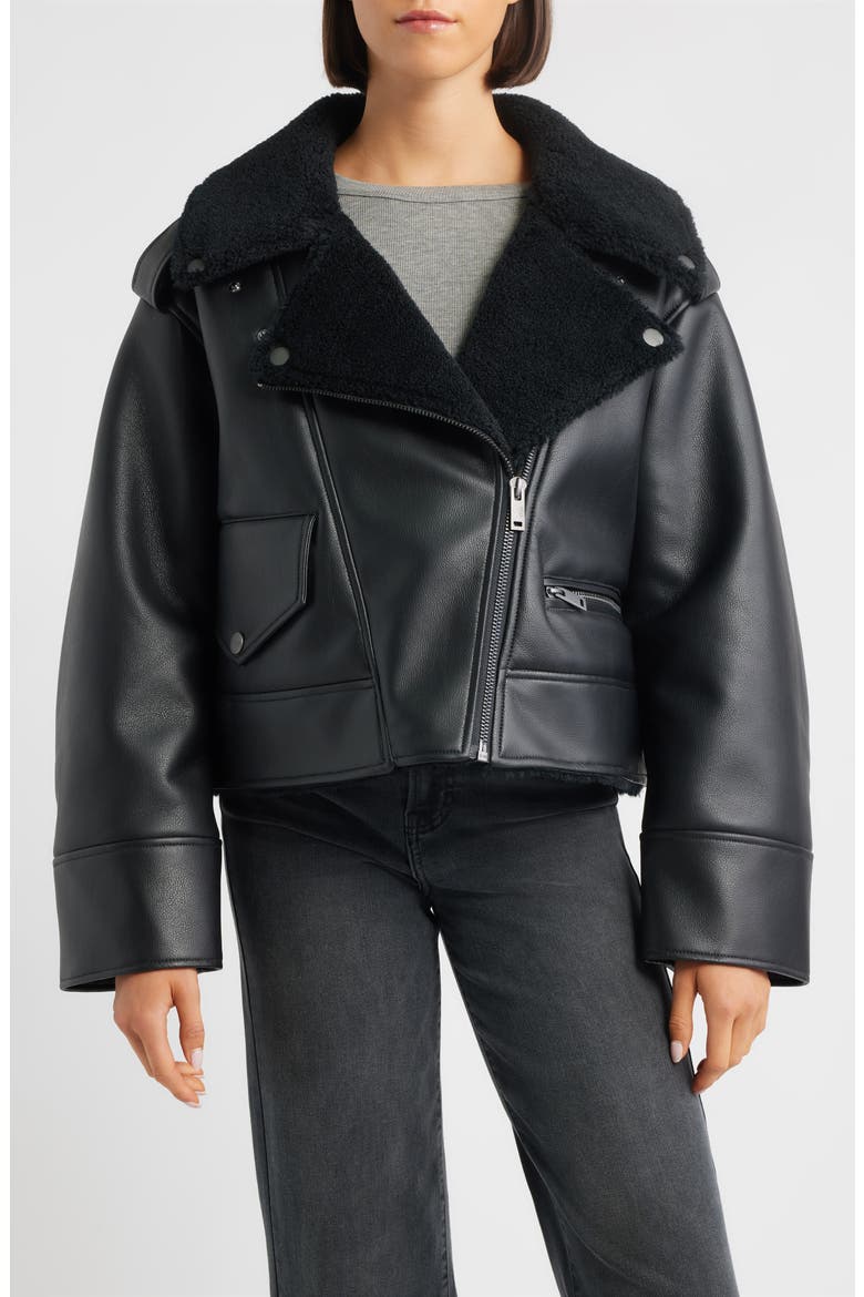 Finnian Oversize Faux Leather & LuxeFluff Moto Jacket, Main, color, BLACK