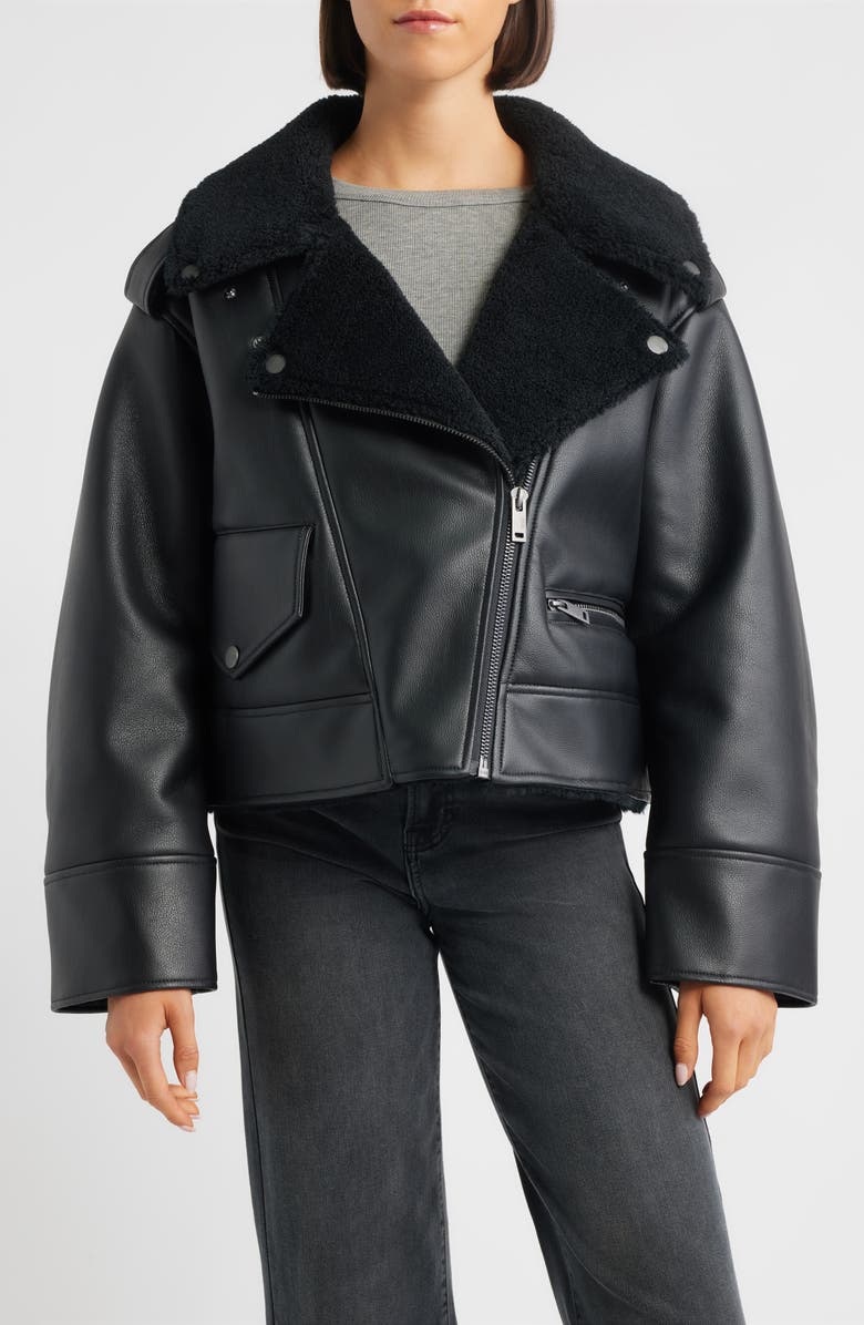 UGG<sup>®</sup> Finnian Oversize Faux Leather & LuxeFluff Moto Jacket, Main, color, Black
