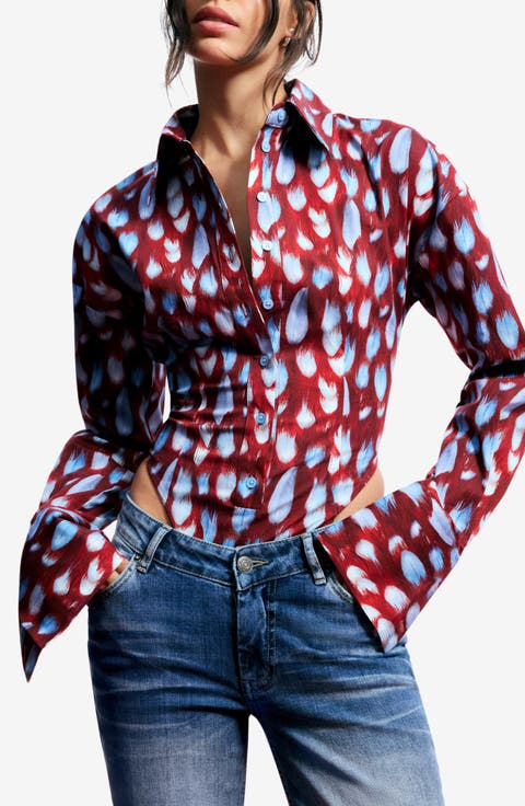 Feather Print Button-Up Bodysuit