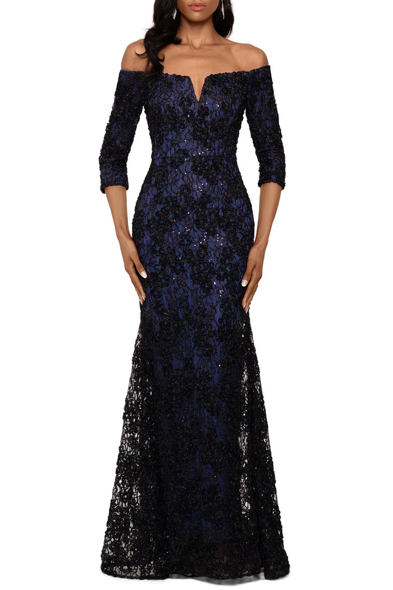 Xscape Off the Shoulder Sequin Floral Trumpet Gown, Main, color, BLACK/ NAVY