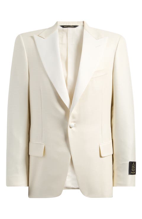 Ivory Plaid Jacquard Wool & Silk Peak Lapel Dinner Jacket (Regular & Big)