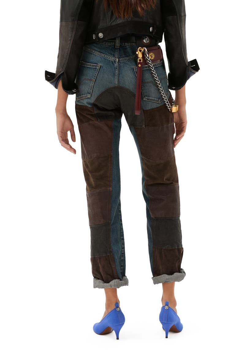 Gender Inclusive Leather Patchwork Straight Leg Jeans, Alternate, color, DIRTY BLUE BROWN