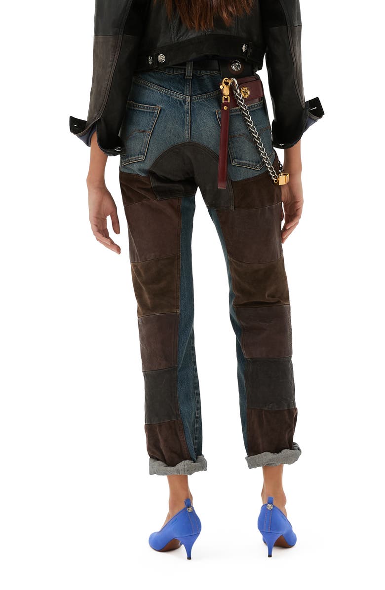 Versace Gender Inclusive Leather Patchwork Straight Leg Jeans, Alternate, color, Dirty Blue Brown