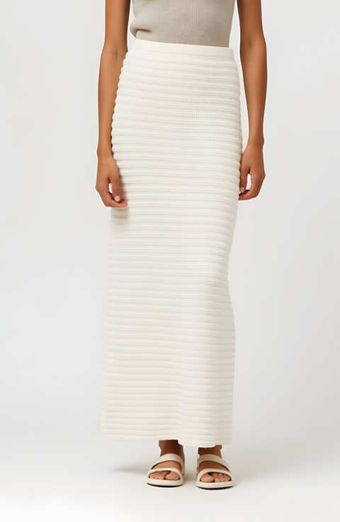 Textured Knit Midi Skirt with Ribbed Stripe Pattern and Back Slit