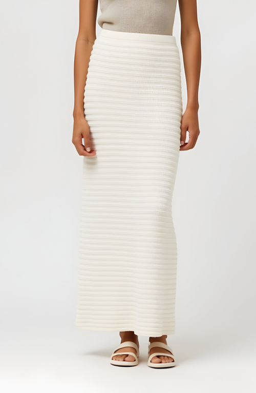 Modenaire Textured Knit Midi Skirt With Ribbed Stripe Pattern And Back Slit In White