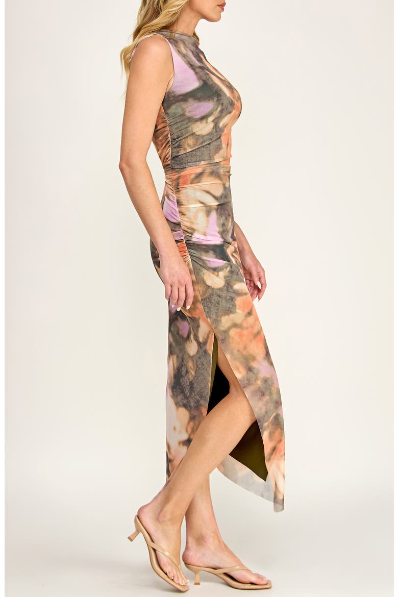 Floral Shirred Mesh Dress, Alternate, color, BROWN/ RUST