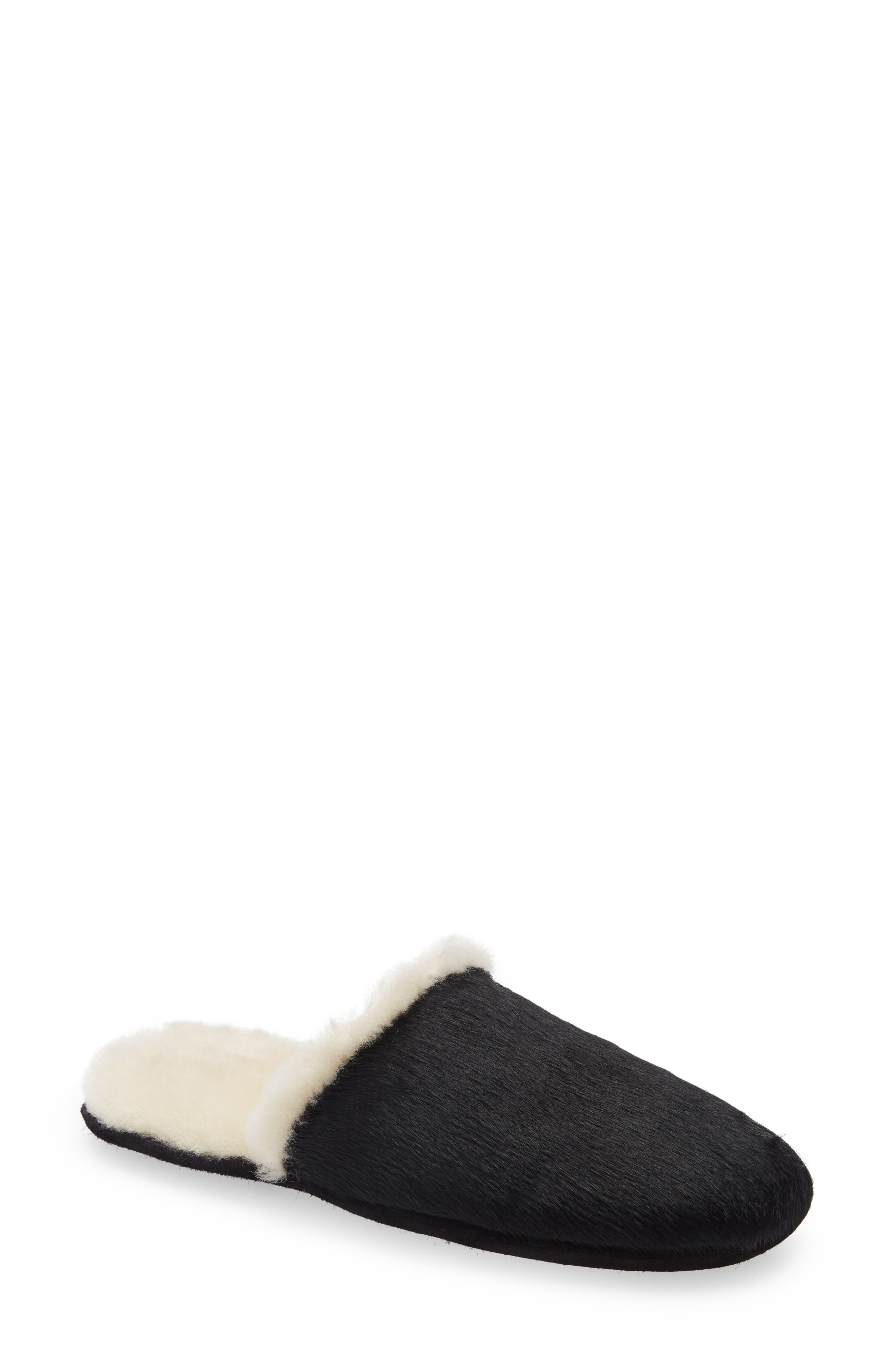 James Genuine Calf Hair & Genuine Shearling Slipper, Main, color, BLACK CALF HAIR