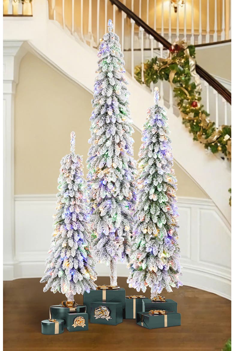 Pre-Lit Flocked Artificial Christmas Trees, Alternate, color, Green
