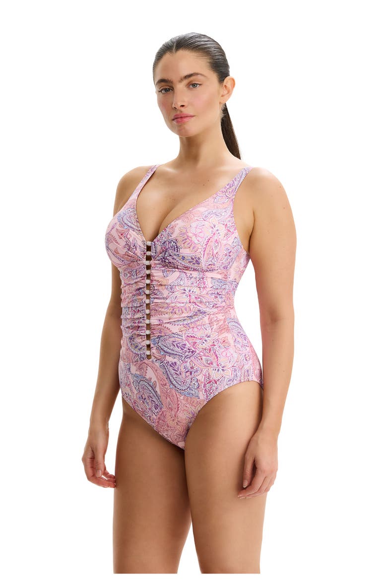 Boho Bloom D-Cup V-Neck Gold Beaded One Piece, Alternate, color, Pink-Multi