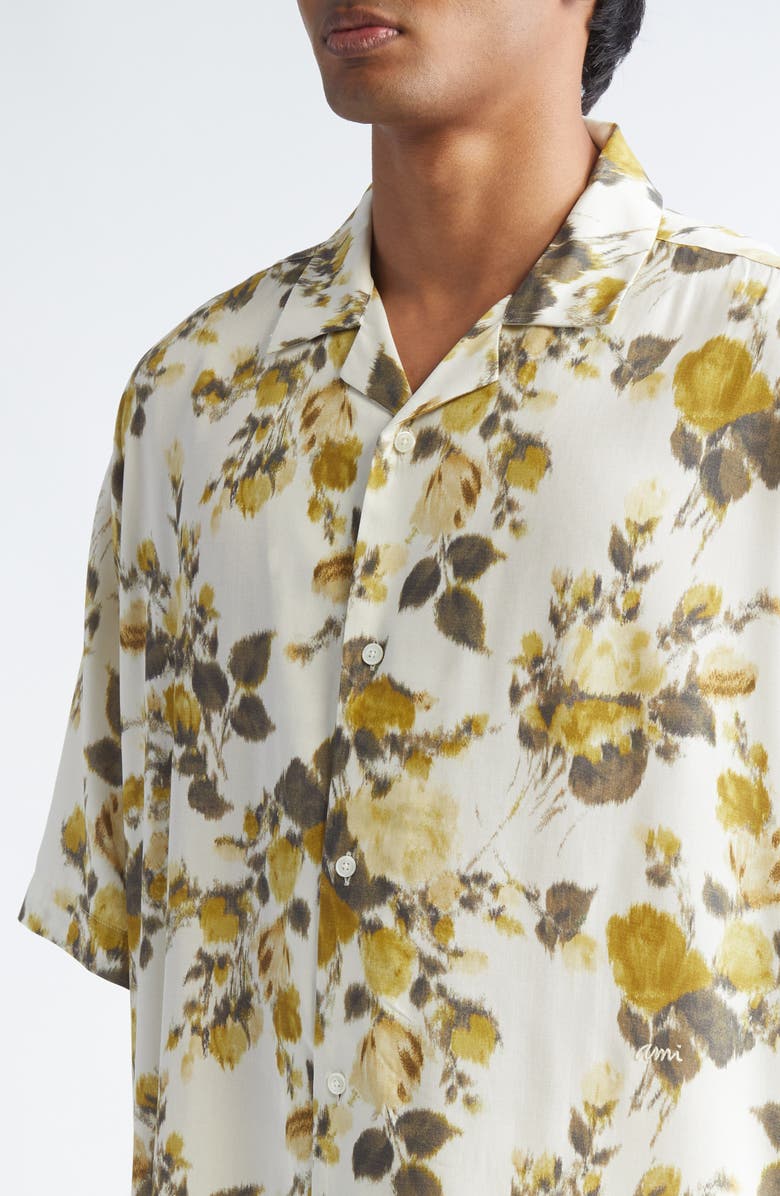 AMI PARIS Floral Print Camp Shirt, Alternate, color, Anis/ Ivoire