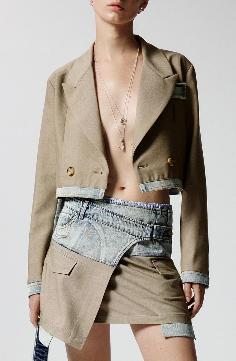 Desigual Colorblock Crop Double Breasted Blazer, Main, color, Beige Multi