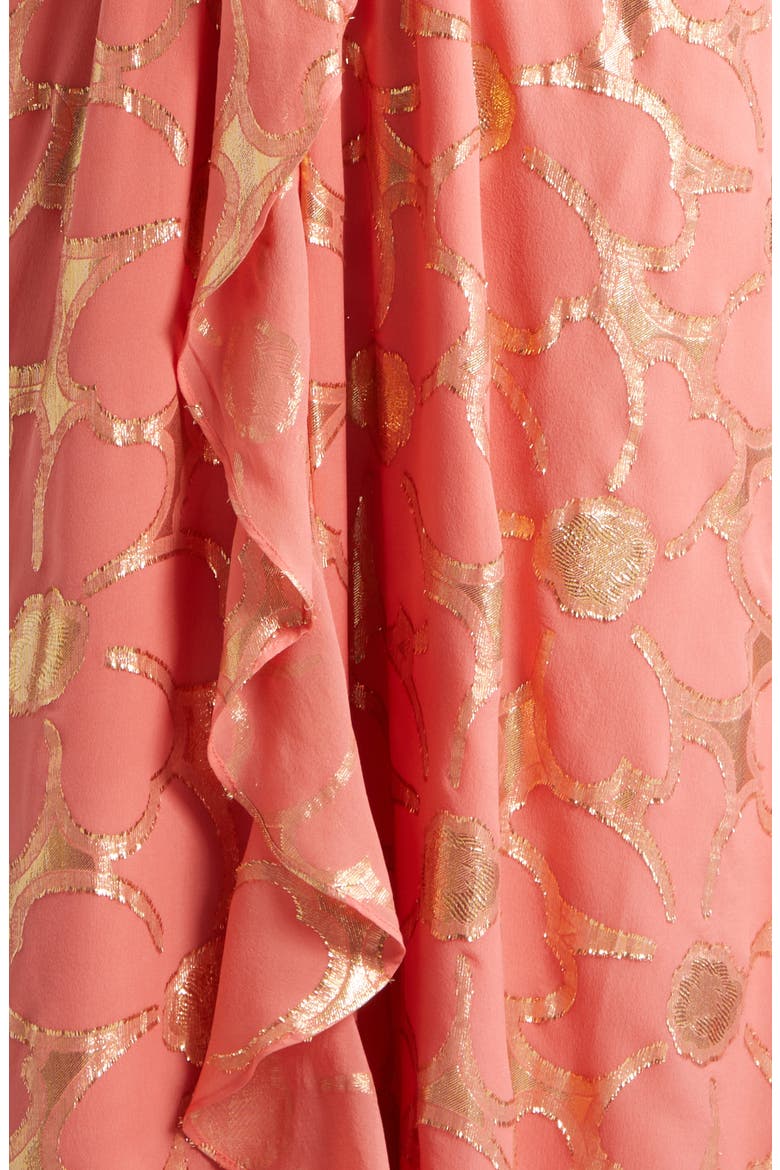 Stephanie Metallic Daisy Print Halter Gown, Alternate, color, CORAL JACQUARD
