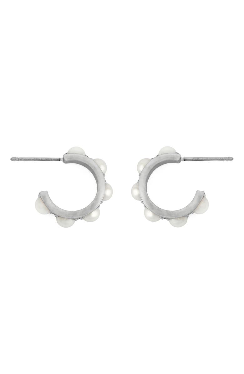 AllSaints Imitation Pearl Small Huggie Earrings, Alternate, color, Pearl/ Warm Silver