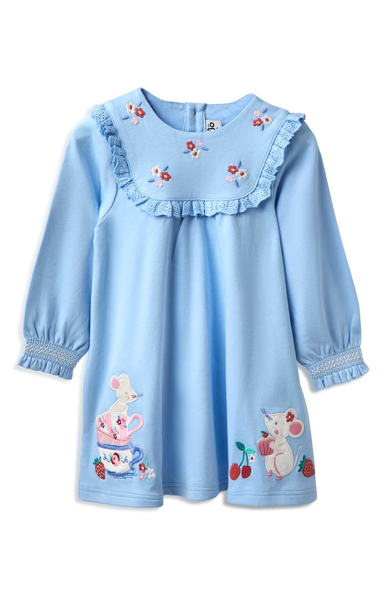 JOJO MAMAN BEBE Kids' Mouse & Teacup Appliqué Long Sleeve Cotton Party Dress, Main, color, Blue