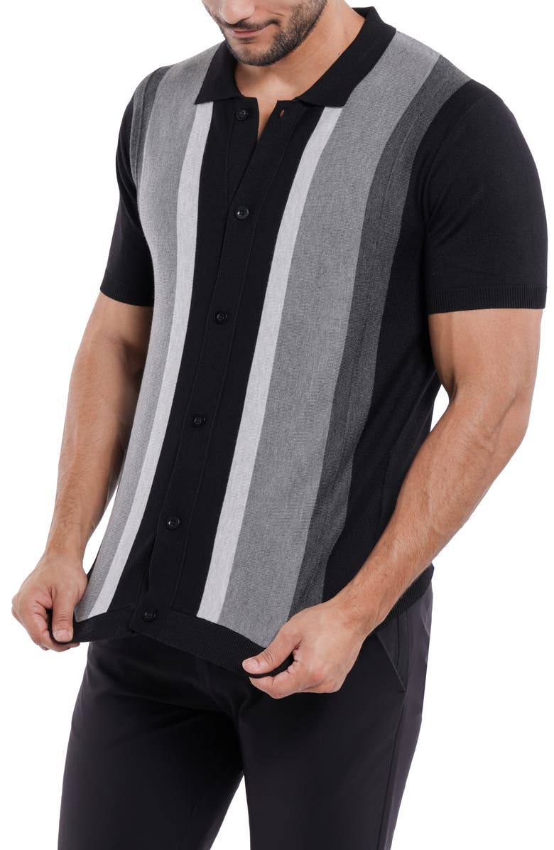 Spring + Mercer Stripe Short Sleeve Button-Up Polo Sweater, Alternate, color, Black/ Grey