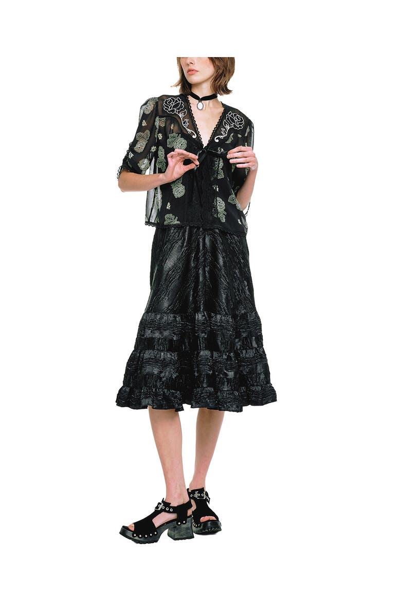 Anna Sui Lily and Roses Chiffon Combo Embroidered Bed Jacket, Alternate, color, Black