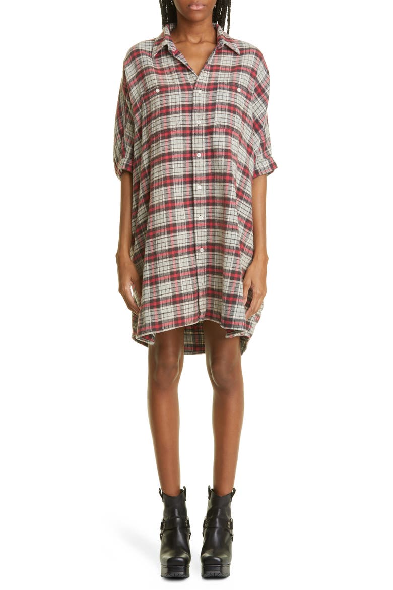 Plaid Oversize Cotton Flannel Shirtdress, Main, color, GREY PLAID