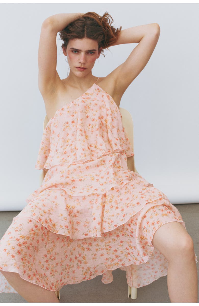 H&M Tiered One-shoulder Linen-blend Dress, Alternate, color, Light Pink/Floral