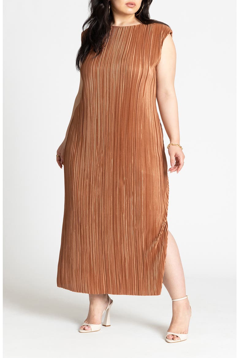 Plissé Short Sleeve Maxi Dress, Main, color, TAN