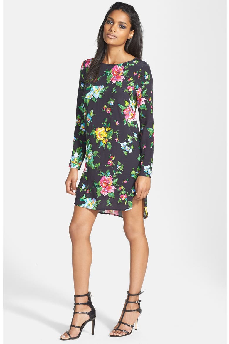Long Sleeve Crepe Shift Dress, Main, color, BLACK/ FLORAL