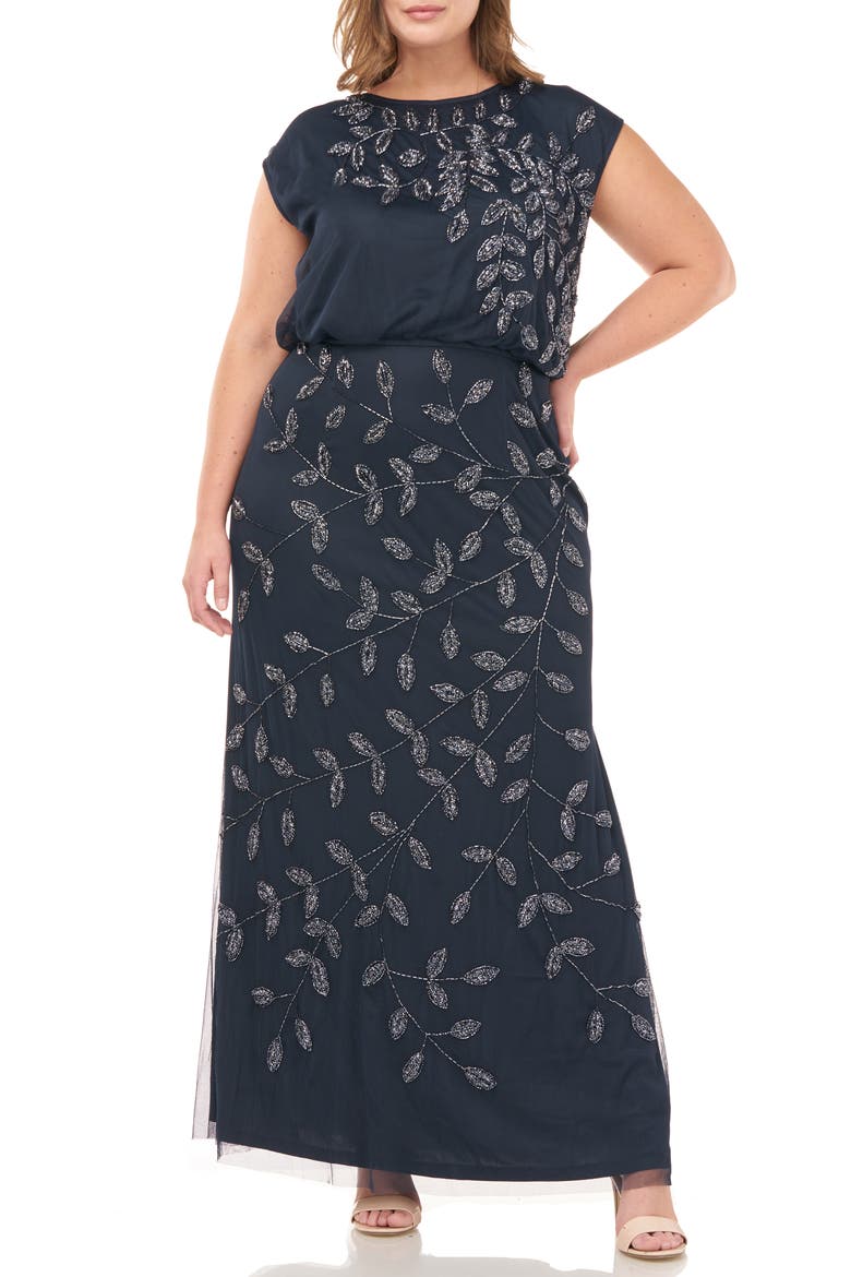Beaded Leaf Mesh Trumpet Gown, Main, color, NAVY