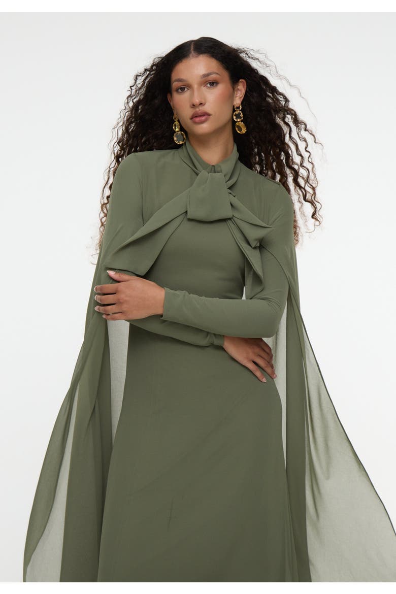 Modest Chiffon Dress Maxi With Cape Style and Bow, Alternate, color, OLIVE